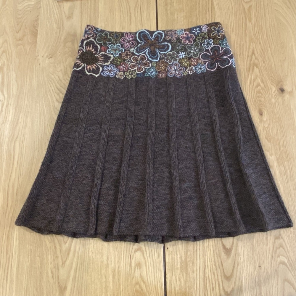 Vtg LeLe Skirt Hand Knitted Brown Cable‎ Midi Size Med/Large Floral rare HTF